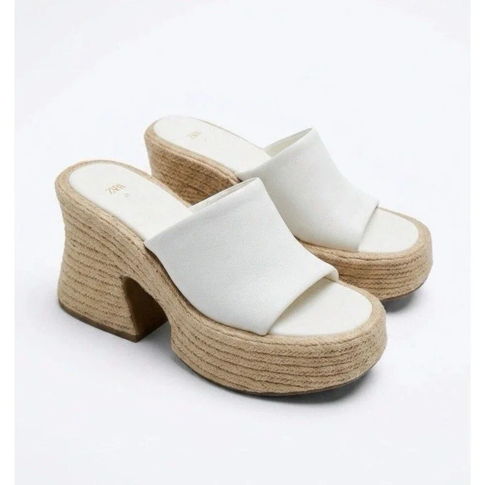Zara White Leather Chunky Platform Sandals Jute Espadrille Mules NWT Size 37 6.5 - Picture 2 of 11
